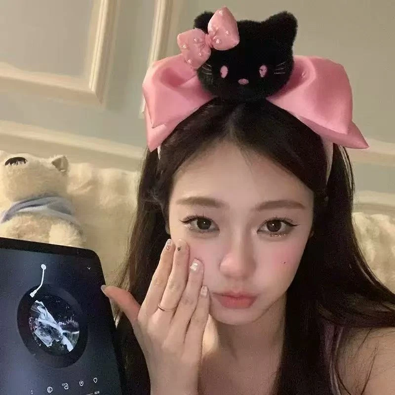 粉蝴蝶结珍珠款猫咪发箍毛绒新款甜美洗脸发卡洋气头箍