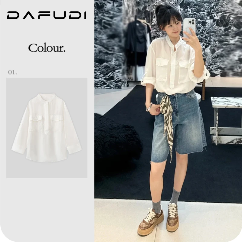 达芙笛【衬衫】新款宽松立领工装风轻薄防晒套头休闲衬衫白色K6506