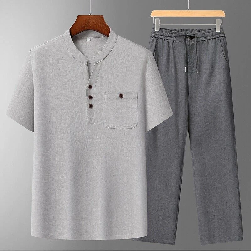 大码男士休闲夏季薄款宽松老年人中国风半袖老人中式翻领立领