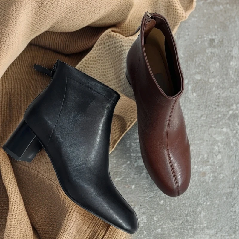 秋冬季羊皮方跟时尚百搭单靴9318-1