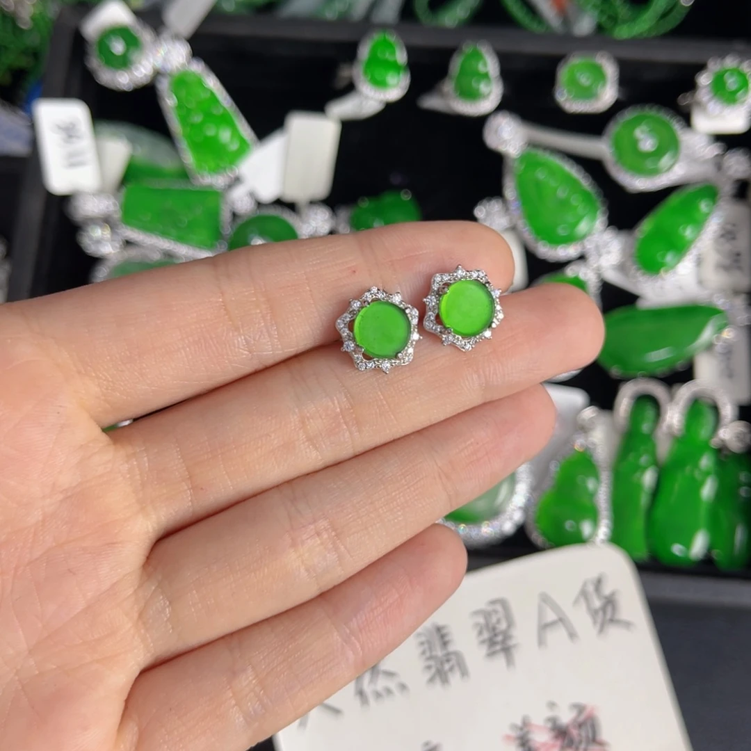 翡翠银S925镶嵌戒指圆牌耳钉