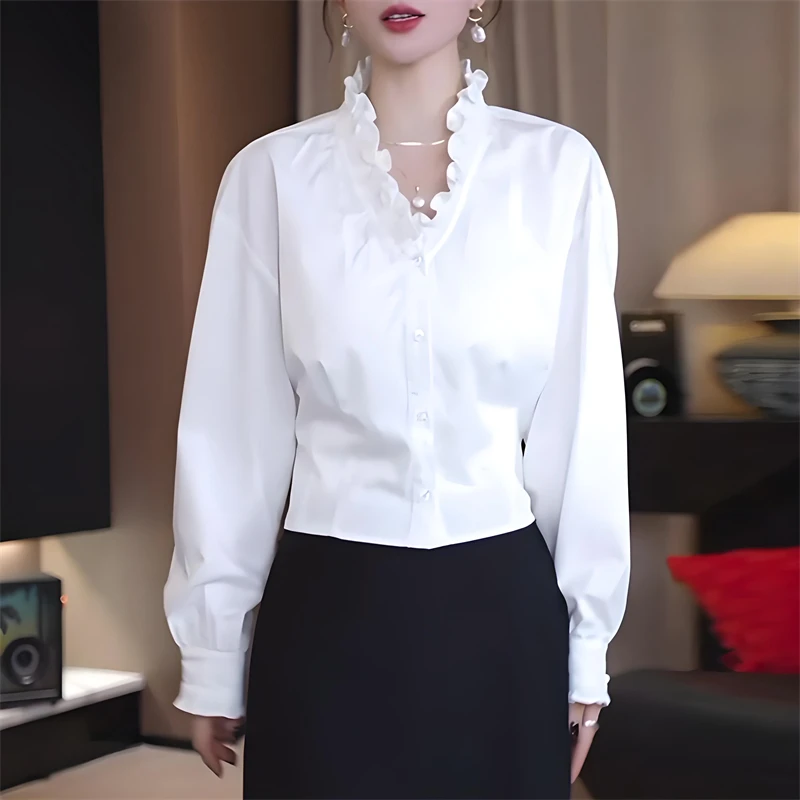 白色木耳边V领长袖衬衫女2025秋季新款轻奢高级感减龄洋气上衣潮