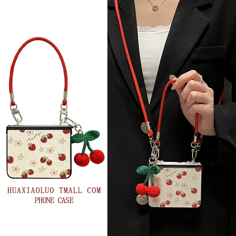 适用华为purax手机壳新款折叠屏护轴pocket2烫金草莓樱桃手提斜挎