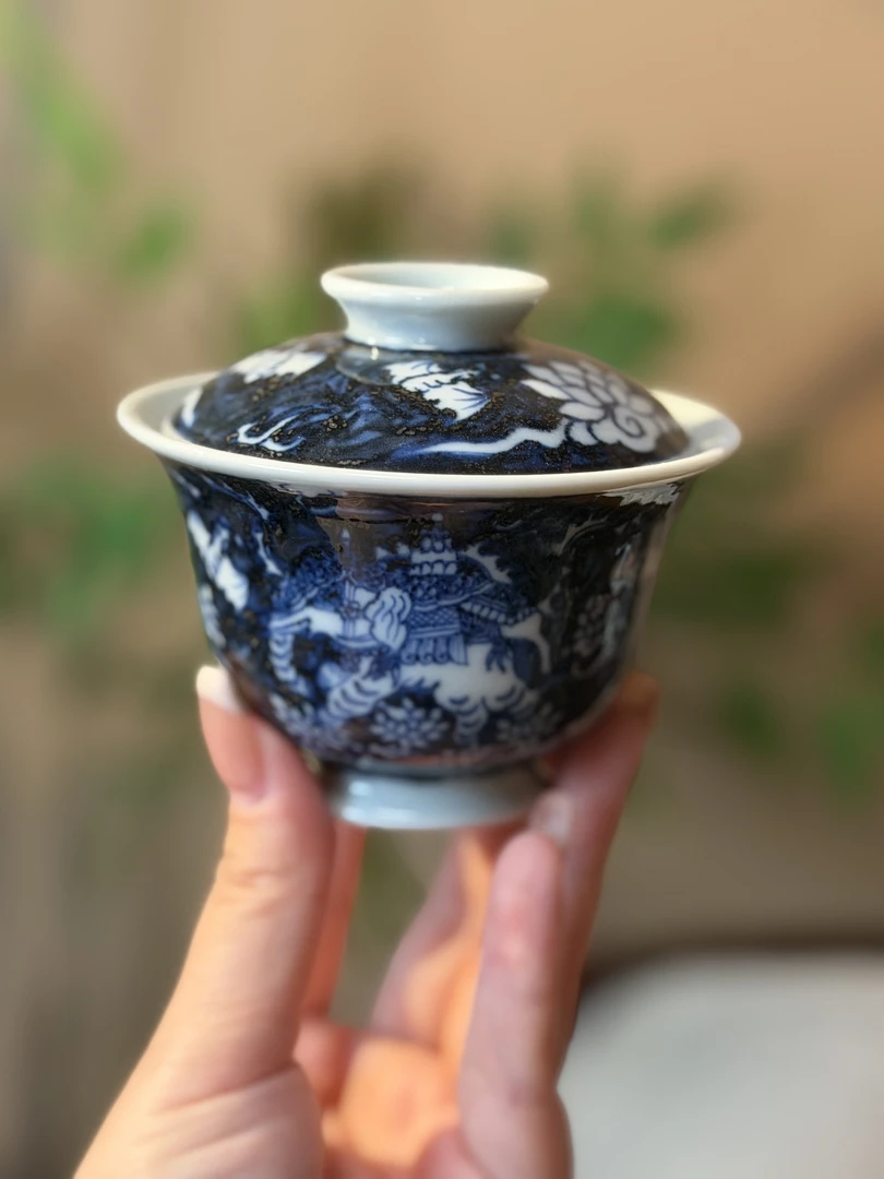 A449【蜕观堂】景德镇手工手绘柴窑青花太平有象盖碗 容量120ml