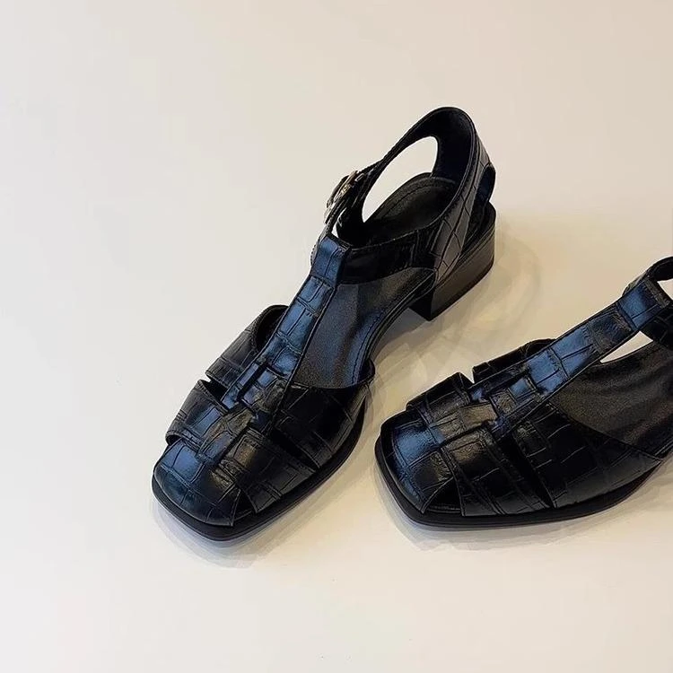 羊皮版~法式休闲编织镂空真皮凉鞋女复古粗跟猪笼鞋度假风罗马鞋