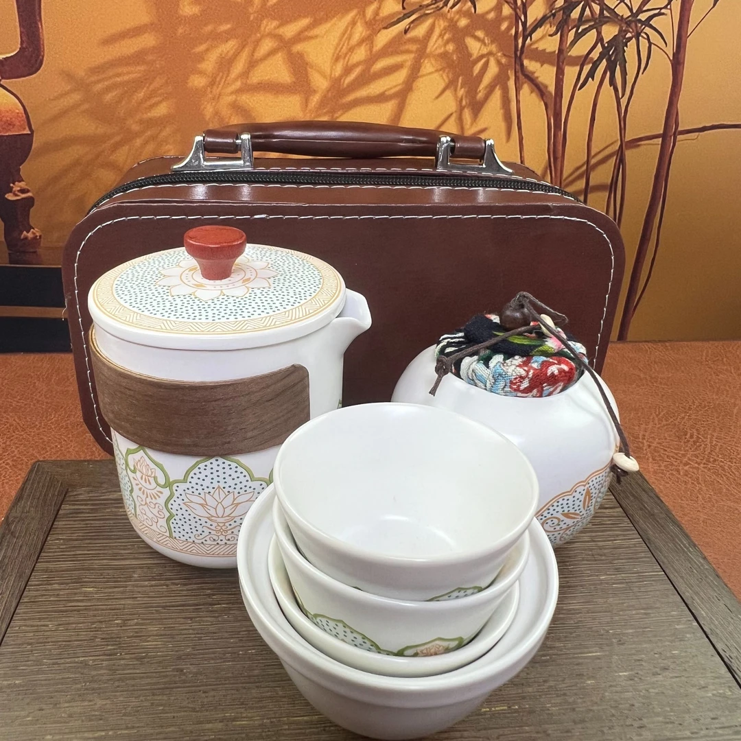 伊米-宝相花一壶三杯加茶叶罐旅行包（棕款） G1267