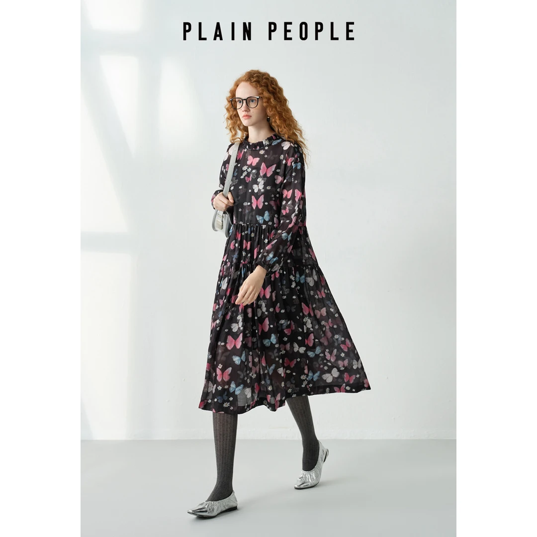 PLAIN PEOPLE【暗夜蝴蝶】法式浪漫桑蚕丝碎花连衣裙2025春季新品