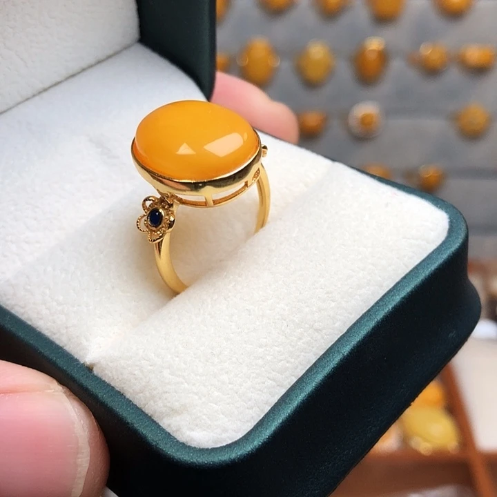 蜜蜡银S925镀金镶嵌戒指