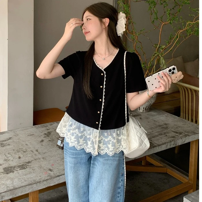 蕾丝拼接芭蕾风短袖正肩t恤女夏季大码胖mm高级感小香风气质上衣