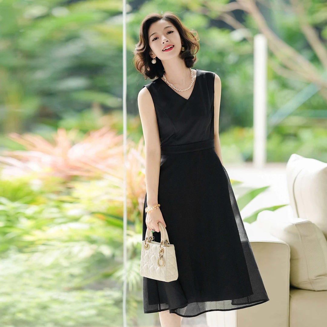 西子/重磅醋酸拼接休闲气质百搭无袖背心连衣裙/CQZY308