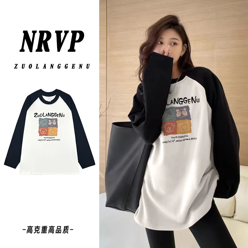 品质卡通印花撞色插肩袖学院风圆领长袖T恤衫宽松休闲大码上衣ins