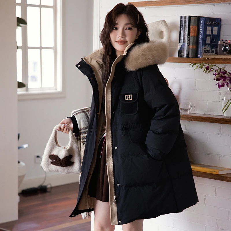 加肥加大码200斤胖mm白鸭绒羽绒服女工装风显瘦宽松型连帽秋冬款