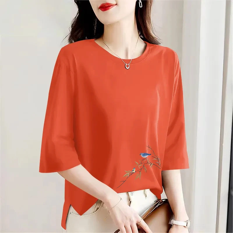纯棉中袖t恤女士宽松春季2025年新款妈妈中年七分袖夏装短袖上衣