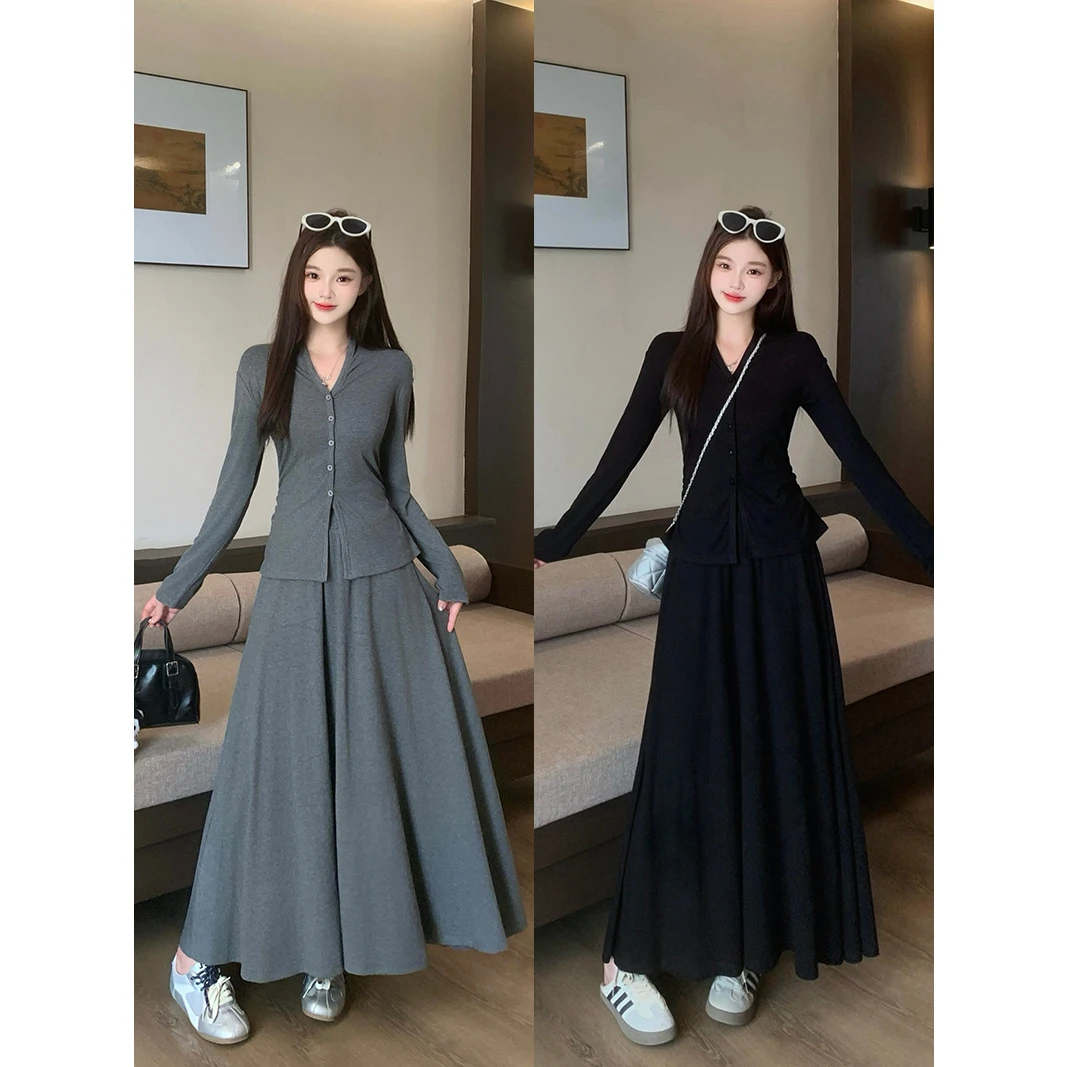 大码早秋时尚挂脖设计显瘦韩系穿搭上衣半身裙两件套套装