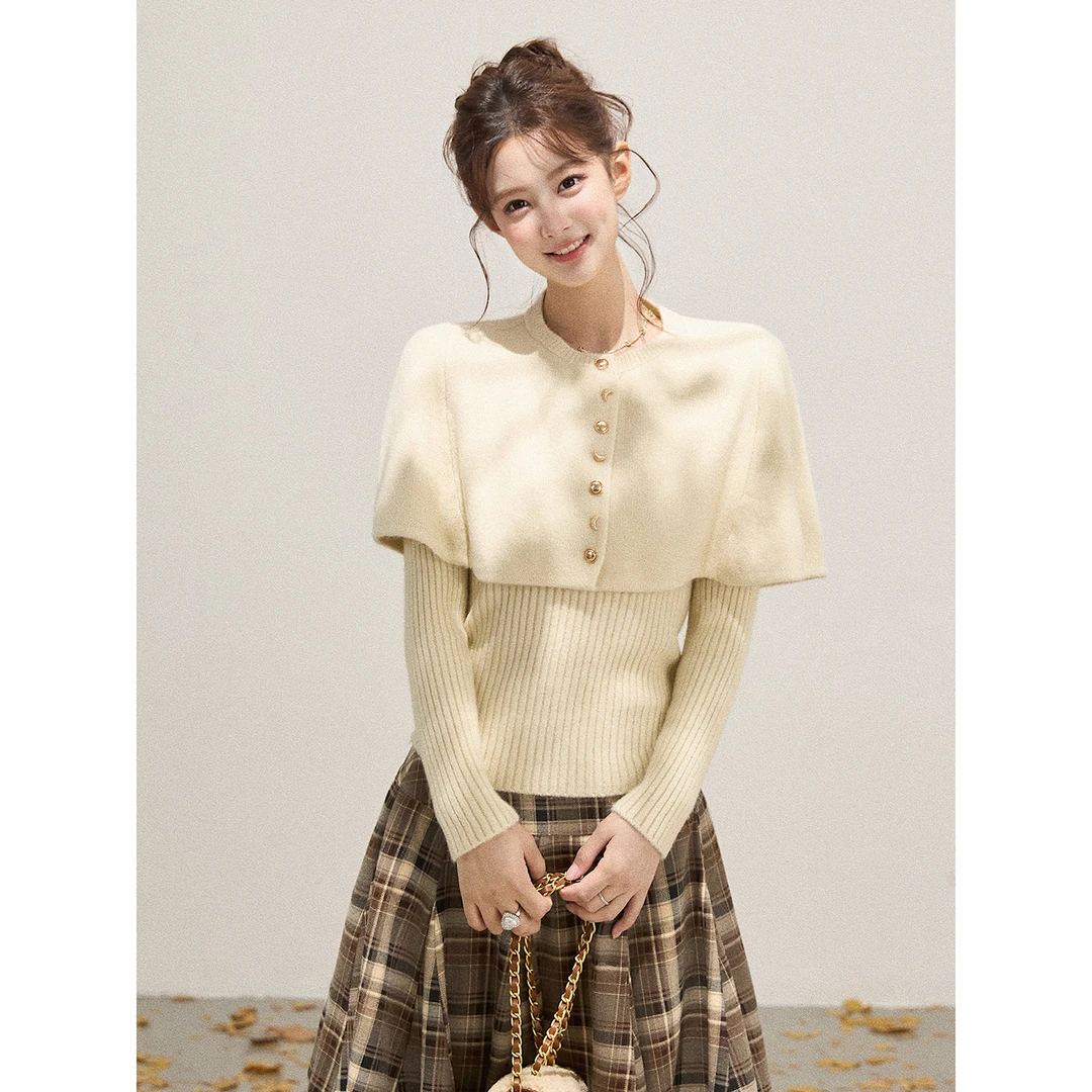 谢不肉 V领弹力打底针织衫女冬外搭斗篷休闲披肩真两件套装50979