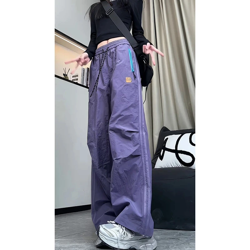 撞色拉链潮牌中性风裤子春夏季运动速干压褶伞兵裤直筒宽松工装裤