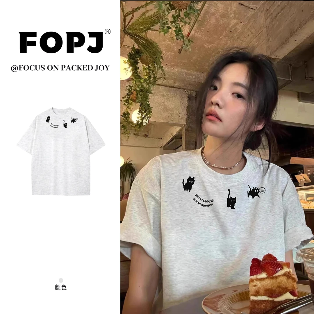 FOPJ夏季新款时尚百搭学院风短袖t恤女黑猫印花圆领宽松半袖上衣