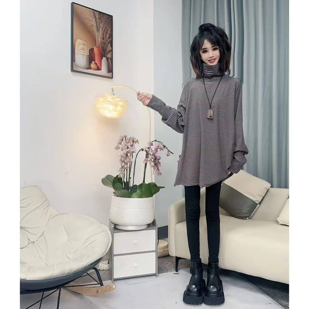 【沐木流浪记】（魔蝎座）秋冬季条纹高领水晶绒保暖长袖宽松T恤堆领