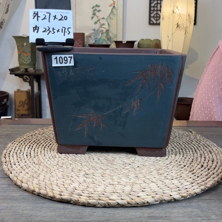 紫砂花盆 精品紫泥莫若粉浆刻绘大四方1097