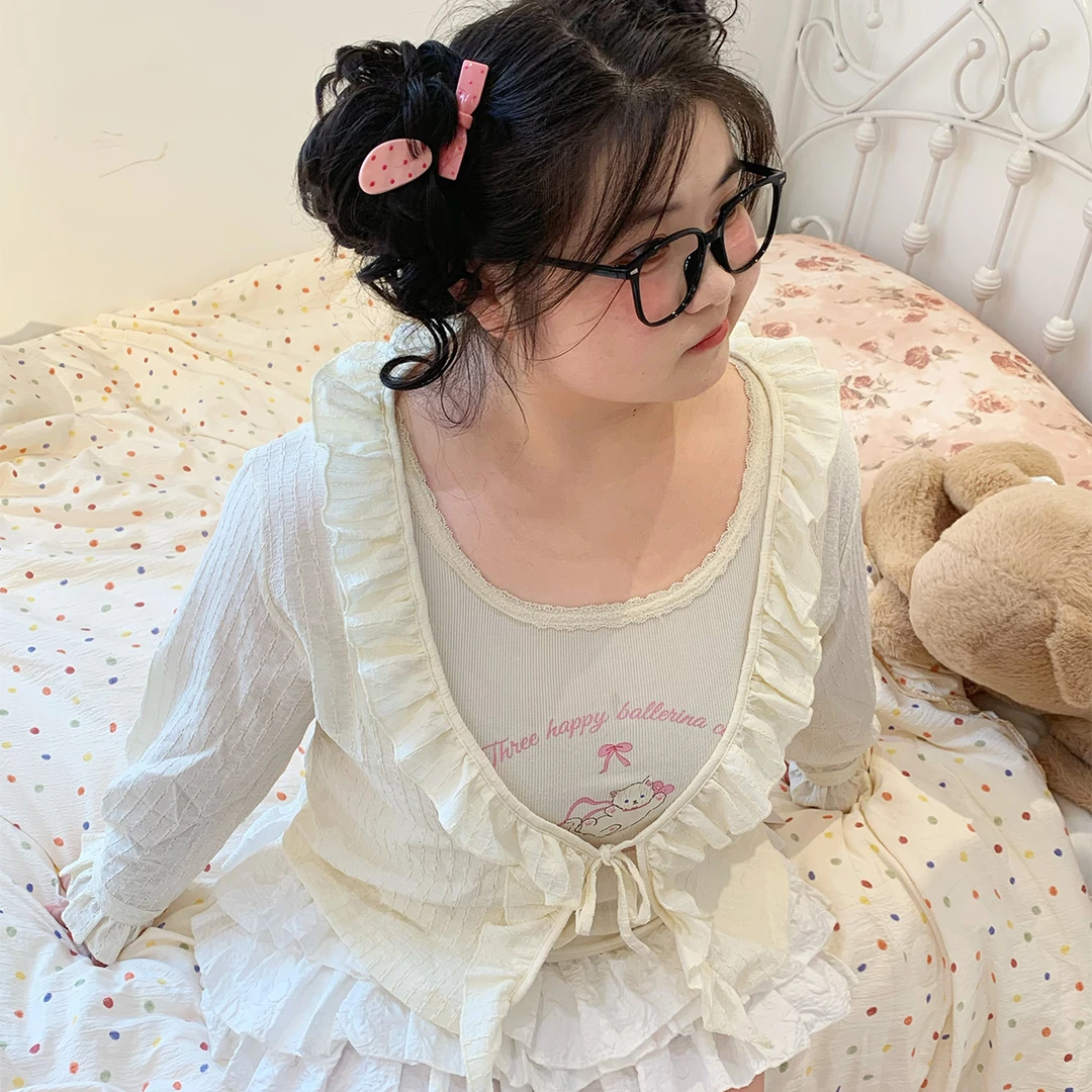 早秋法式荷叶边开衫透气大码舒适少女甜妹薄外搭氛围感清新开衫
