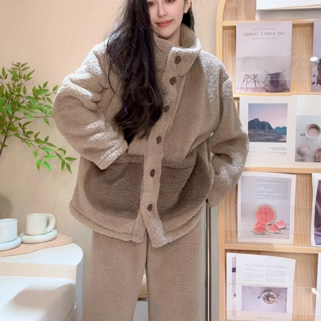 【清高定】高织高密加绒北羔绒睡衣女秋冬季套装家居服保暖长袖