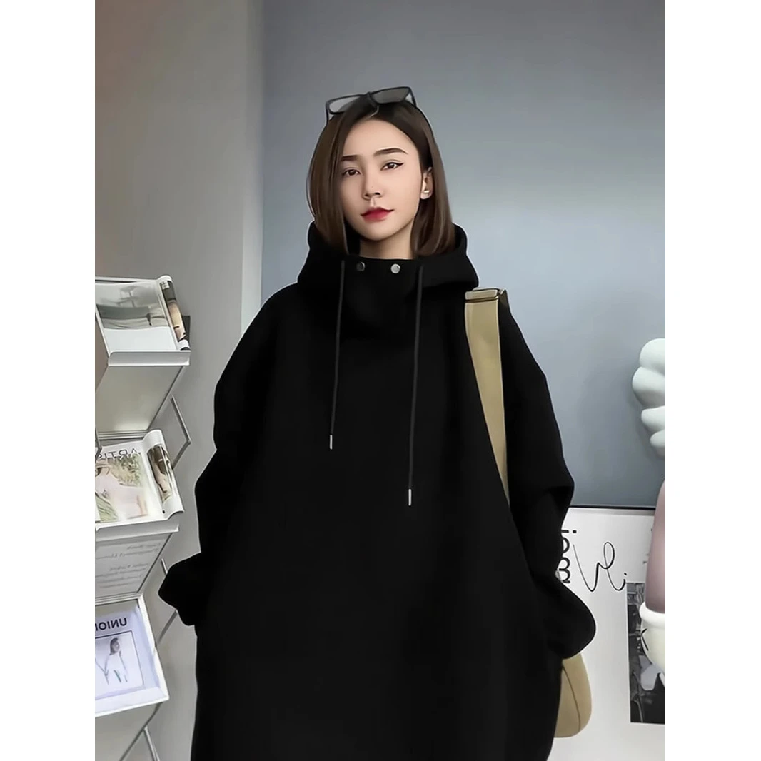 2025韩版早秋冬新款黑色连帽卫衣宽松显瘦加绒衣女套头休闲上衣潮