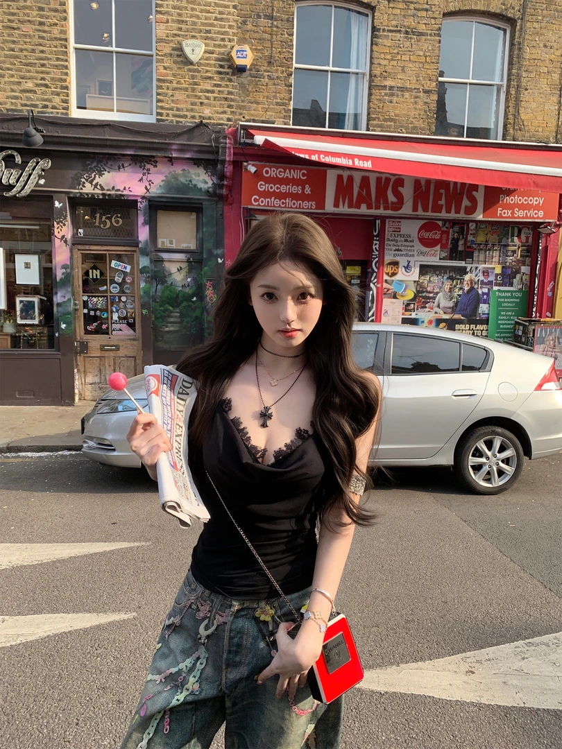 【致命诱惑】辣妹气质蕾丝拼接露背上衣女夏2025新款显瘦阔腿牛仔裤