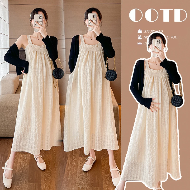 XIAOBU~2025春季秋网红韩版宽松孕妇装仙女吊带连衣裙气质长裙