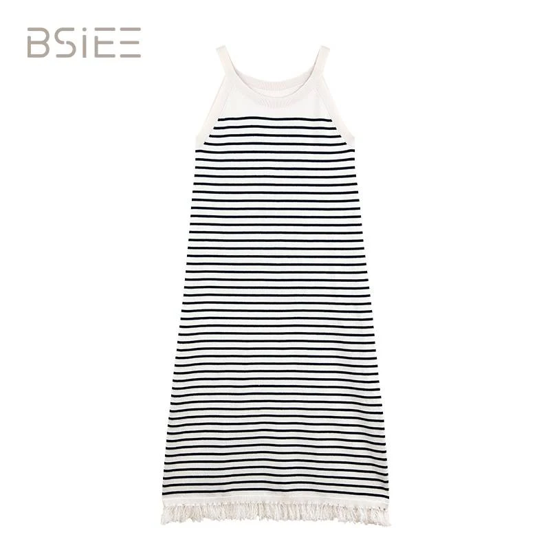BSIEE/本涩条纹银丝流苏连衣裙时尚休闲
