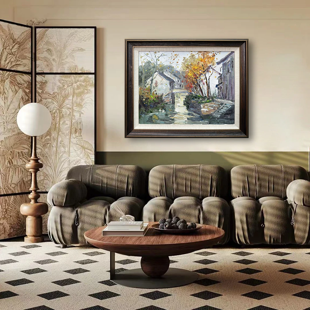 【水乡秋意】超印象纯手绘油画客厅高级感挂画餐厅装饰画风景写实