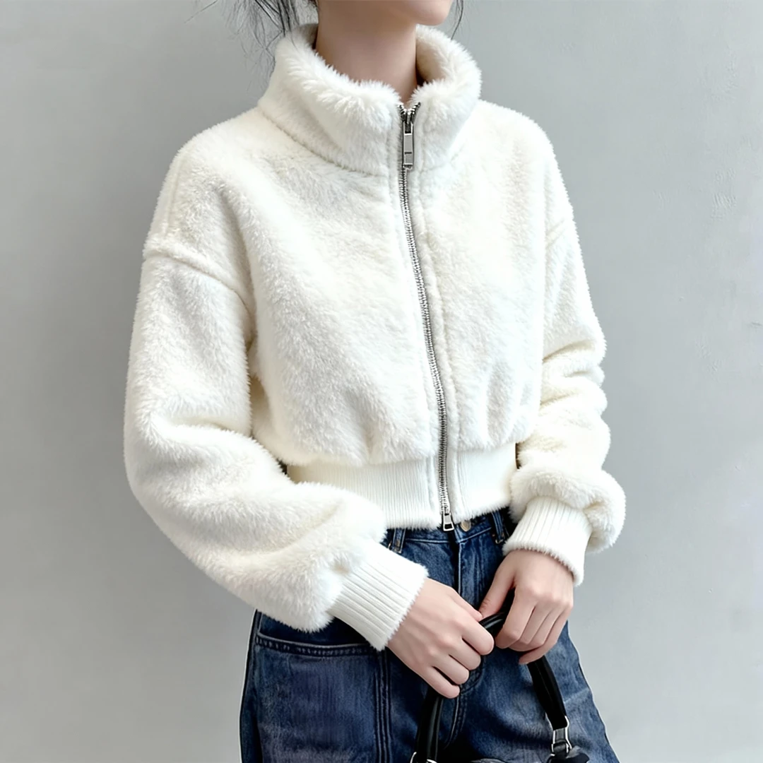 2025冬季爆款高级设计感毛绒保暖短外套百搭立领白色厚款上衣女装