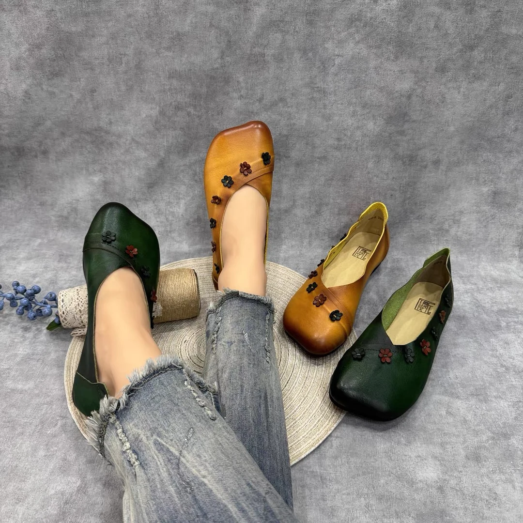 103-5春夏新款真皮花朵方头软底豆豆鞋浅口文艺复古百搭单鞋