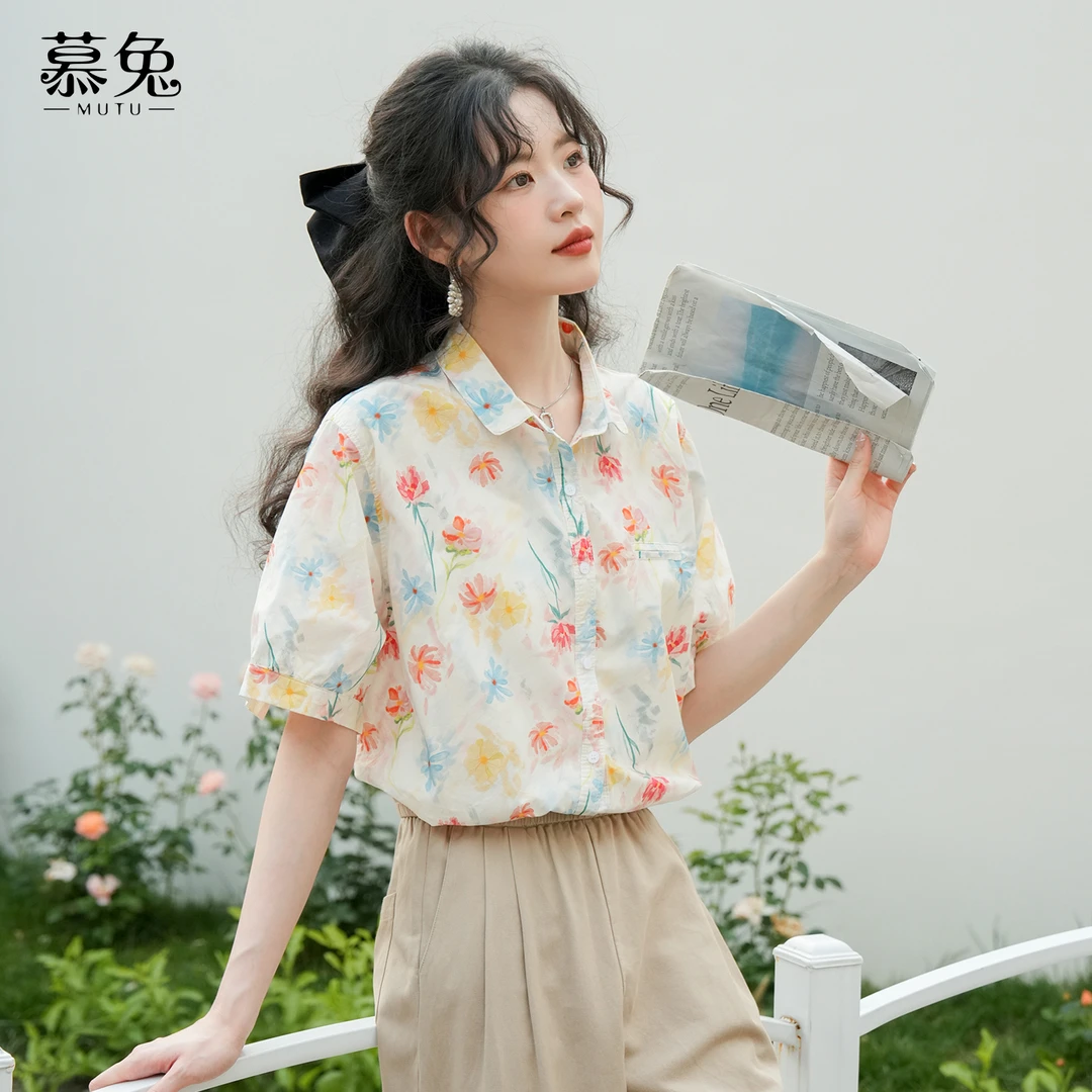 慕兔复古碎花短袖衬衫女2025夏季新款设计感小众宽松显瘦休闲上衣