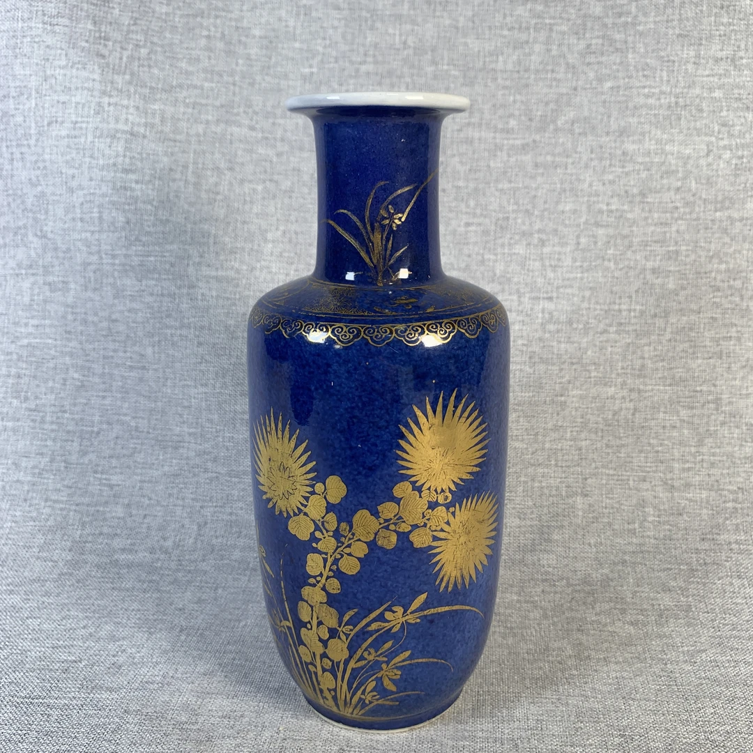 清代蓝釉描金花卉棒槌瓶古瓷器国营镇江市文物商店库出5229065