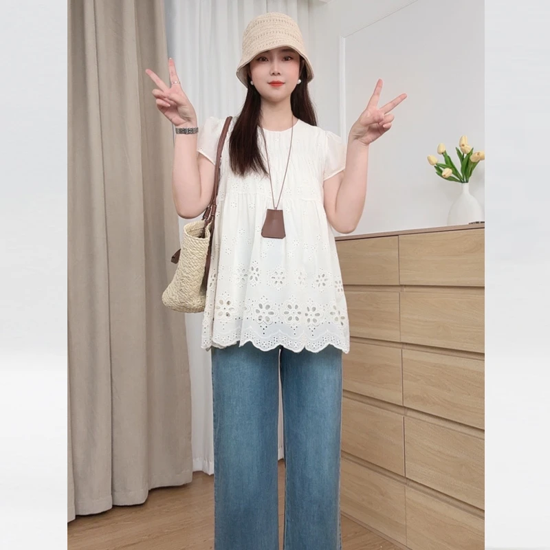 孕妇2025夏季新款外穿甜美上衣时尚宽松短袖绣花镂空别致娃娃衫