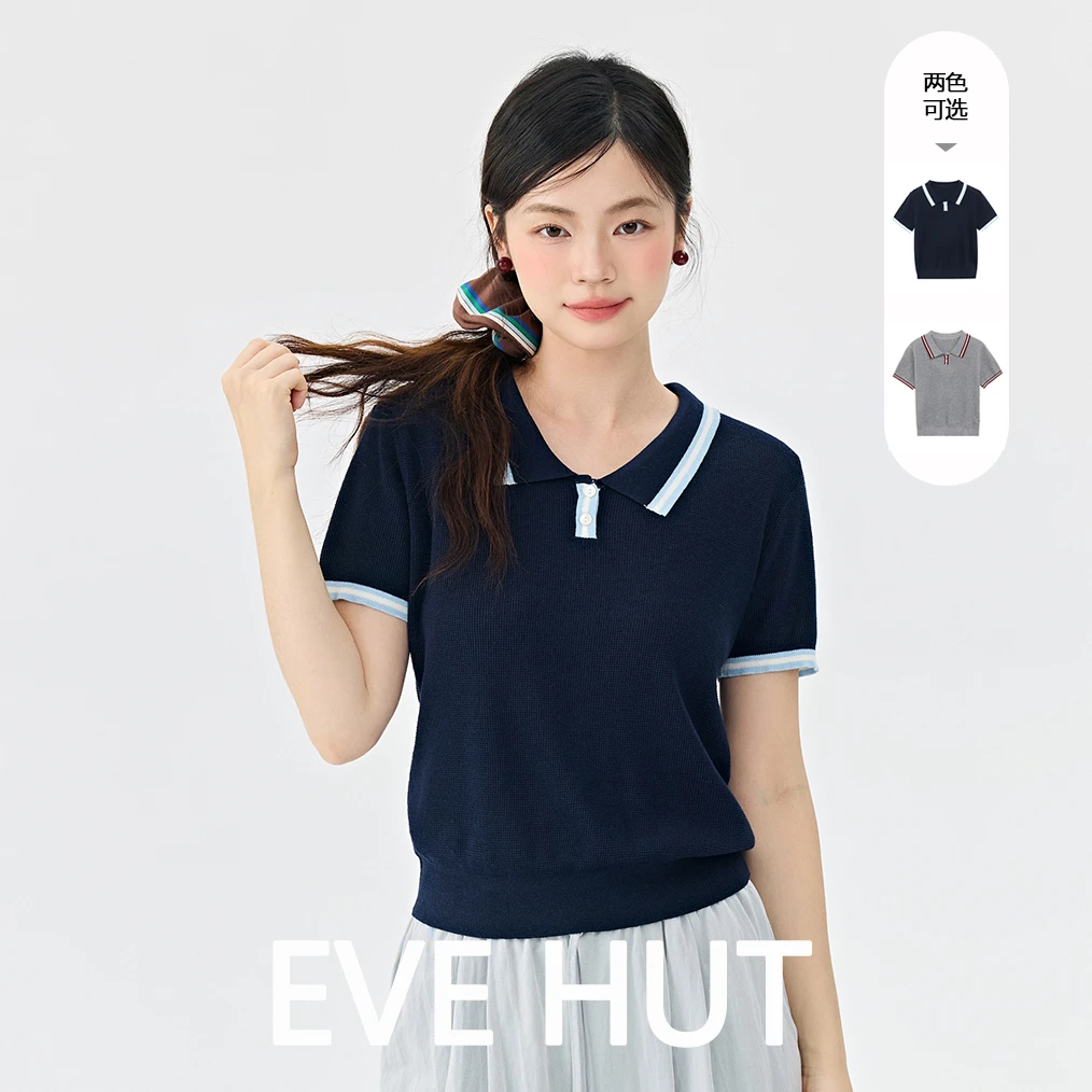 Eve hut/夏娃小屋新款POLO领休闲撞色百搭显瘦针织短袖EHOMB5325