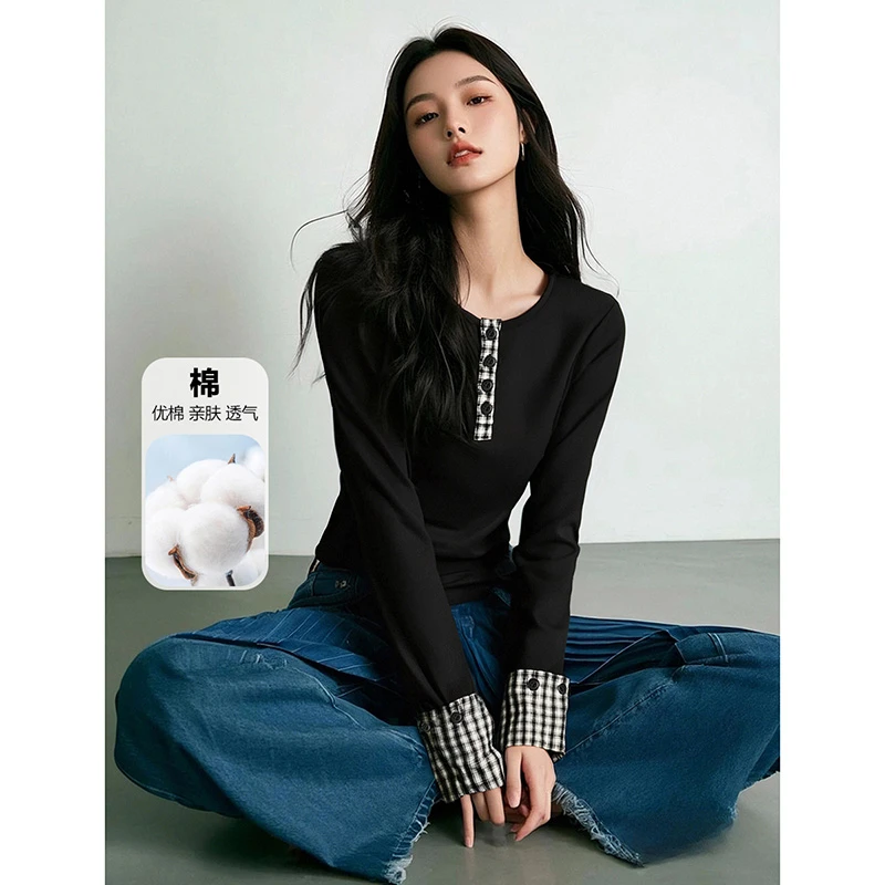 晚白【新品】2025春上衣圆领棉质韩系拼接T女24111304