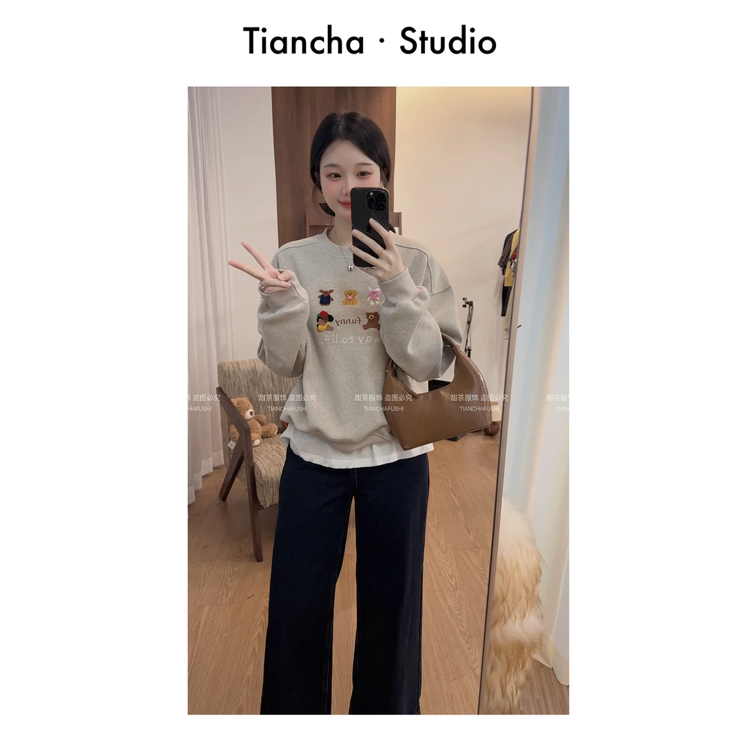 sweet c 韩风秋冬季【动物游园会】G018#圆领落肩袖卫衣女卡通可爱