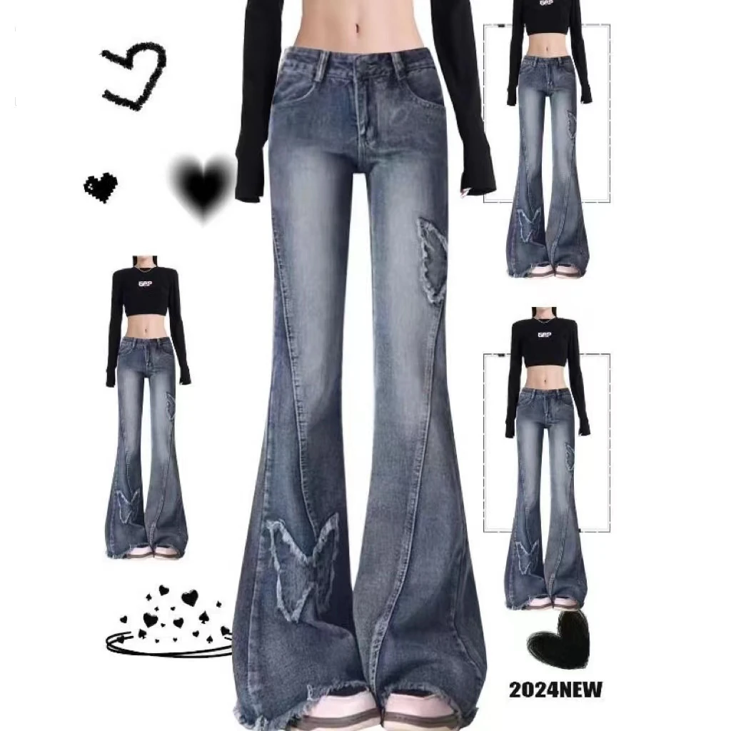 复古蓝蝴蝶刺绣微喇牛仔裤女冬季新款显瘦毛边设计感不贴腿喇叭裤