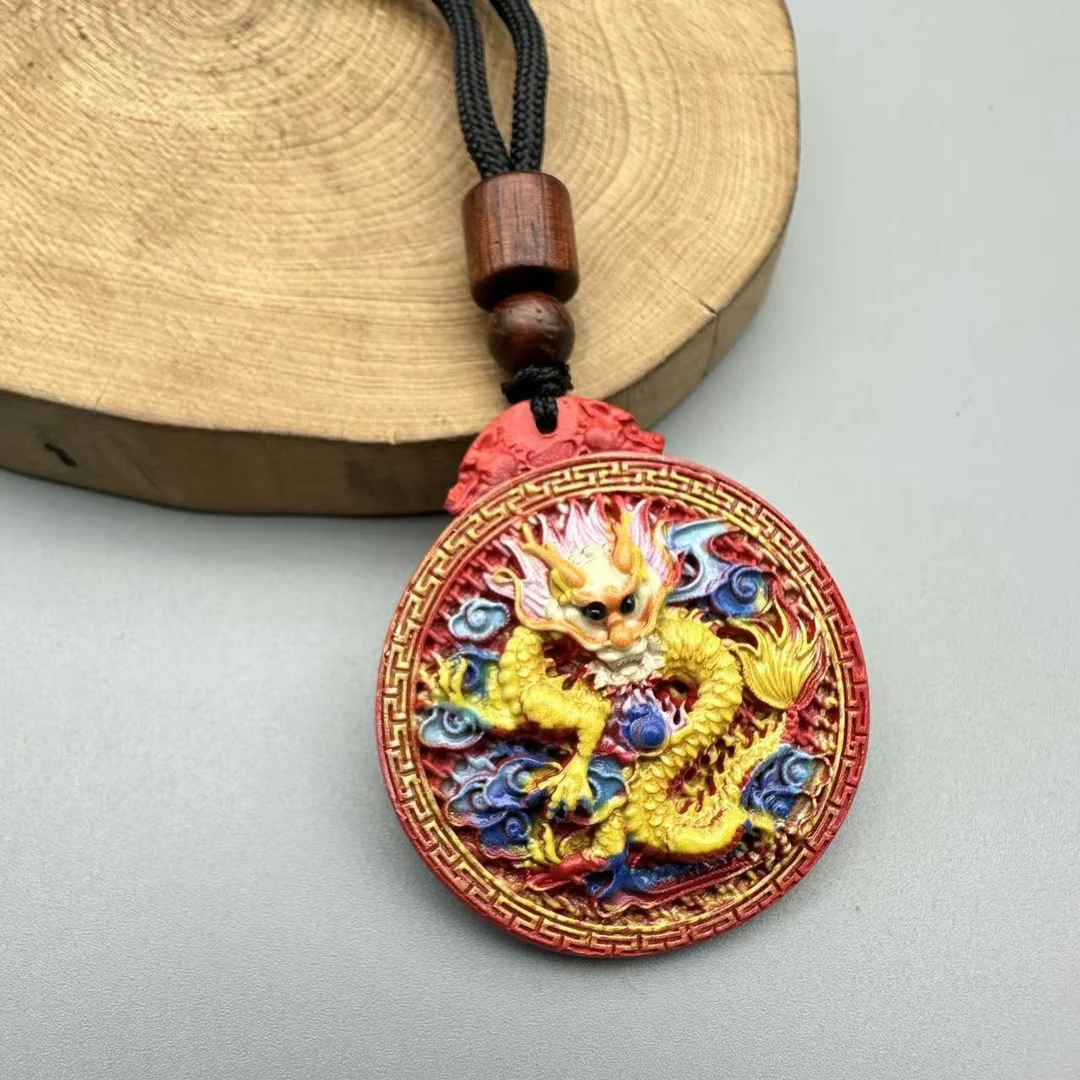 含辰砂工艺品HD191- 红色彩绘雕刻生肖龙吊坠