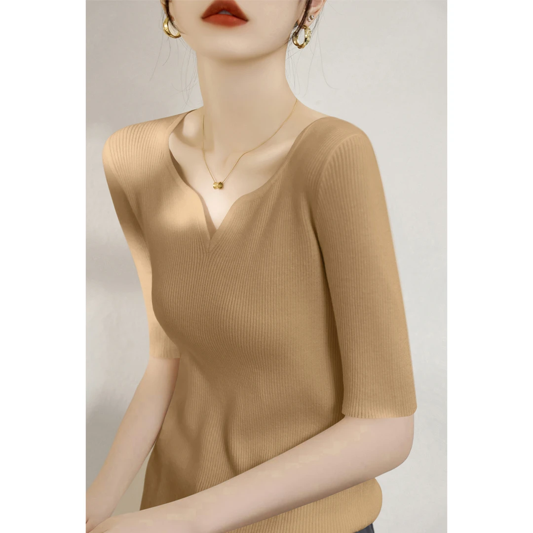 气质新款套头v领设计针织打底衫时尚简约秋季百搭中袖修身上衣女
