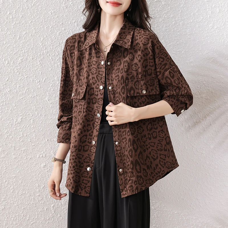 2025秋季新款大码豹纹衬衫洋气不规则长袖衬衣百搭休闲外套上衣女