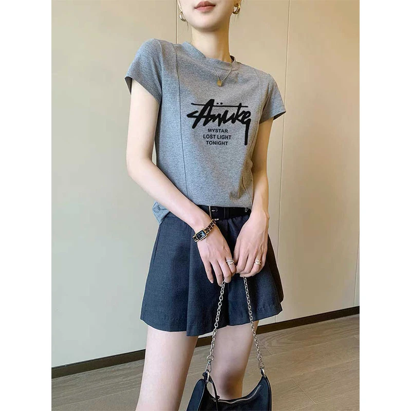 正肩拉直条磨毛短袖t恤女潮时尚百搭灰色上衣厚款内搭打底衫春夏