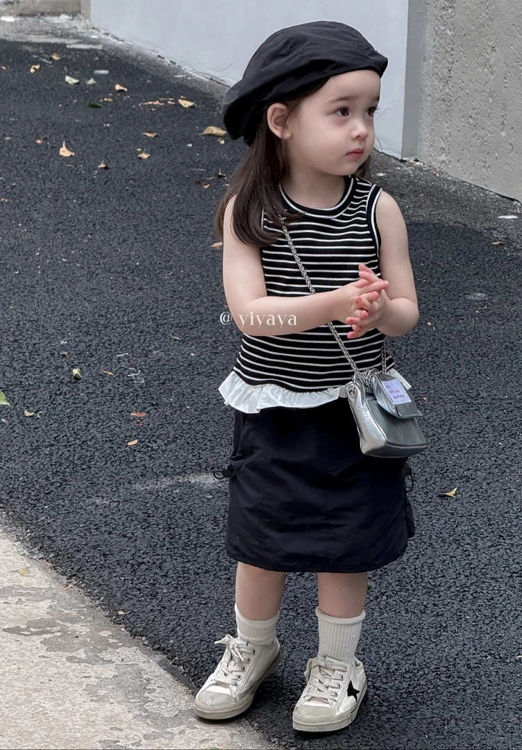 yiyaya 女童2025夏款黑色条纹背心15153 黑色半裙15156