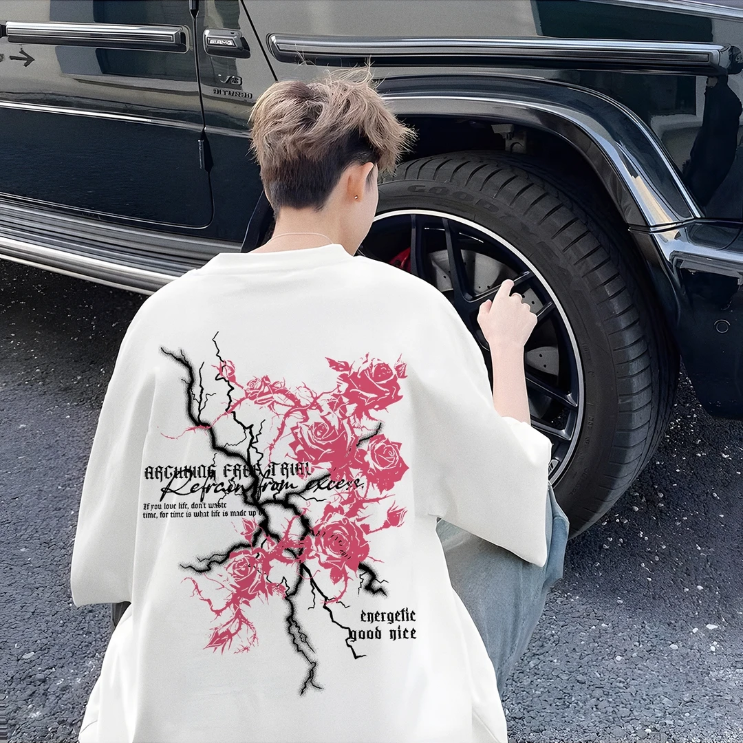 美式玫瑰印花纯棉短袖t恤男女夏季潮牌宽松型情侣百搭圆领上衣ins