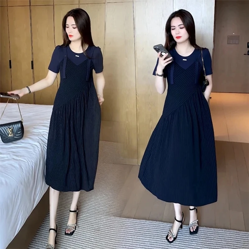 夏季新款时尚穿搭休闲气质洋气减龄显瘦假两件拼接短袖连衣裙