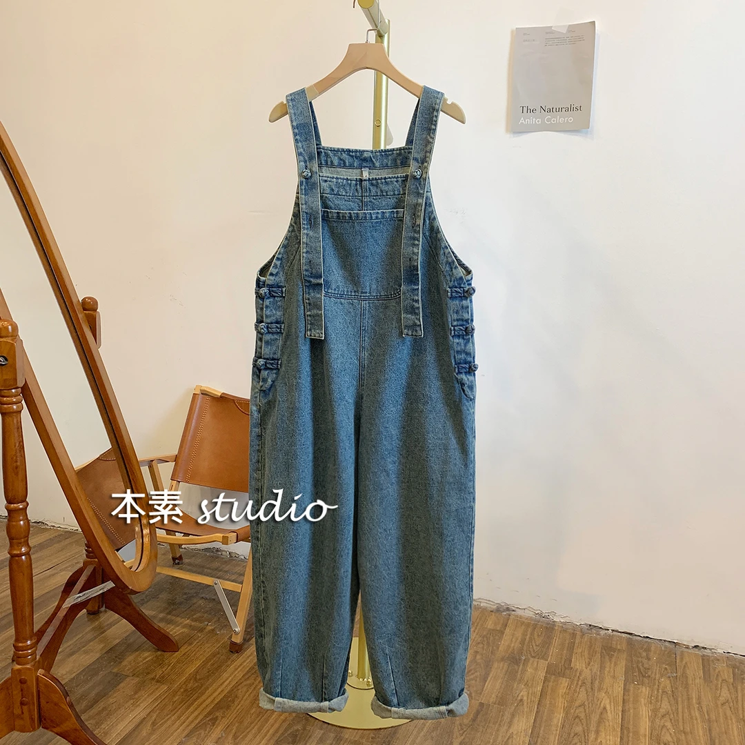 C0263盘扣可调节宽松牛仔背带裤