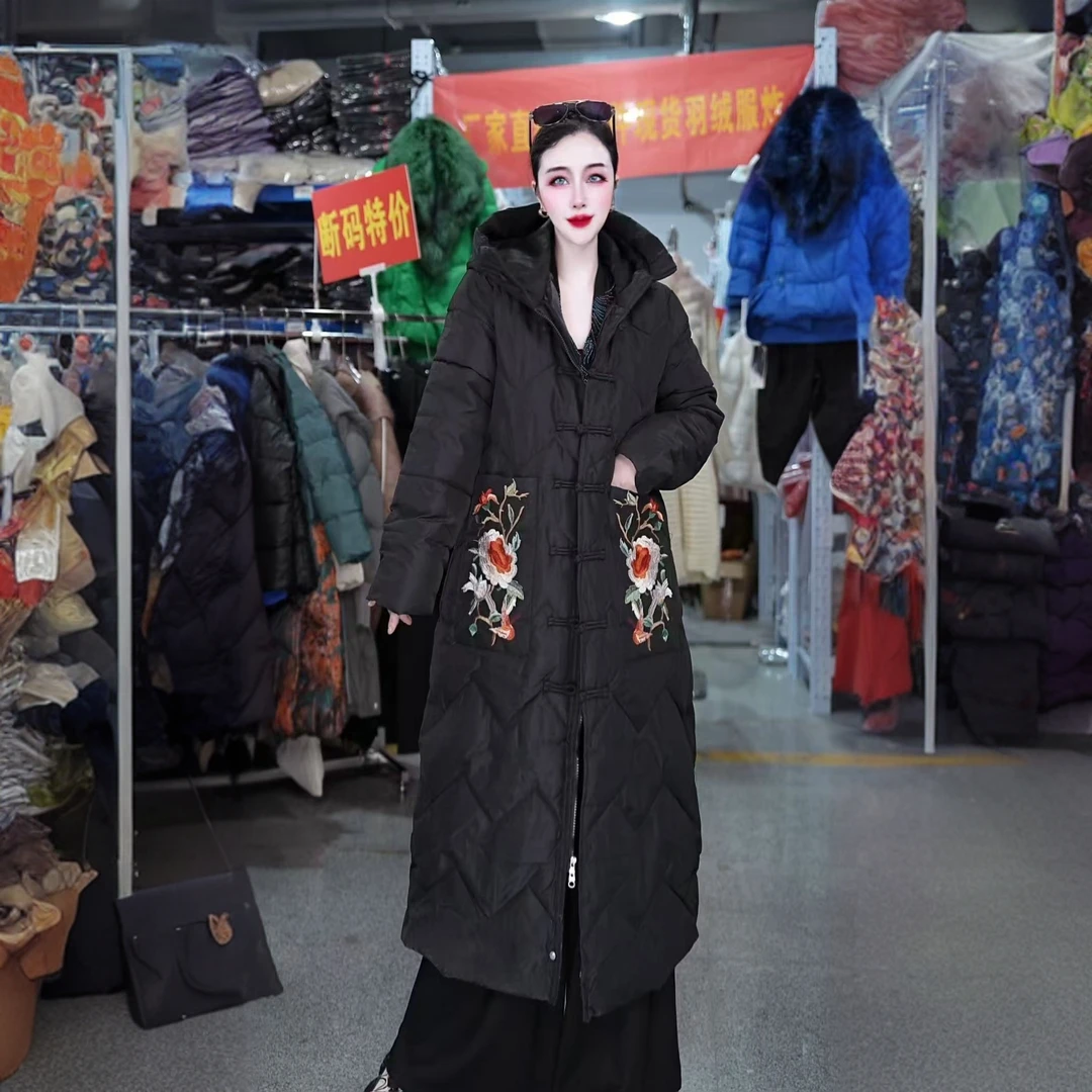 民族风棉服女中长款2025新款刺绣过膝棉袄中国风棉衣加厚冬装
