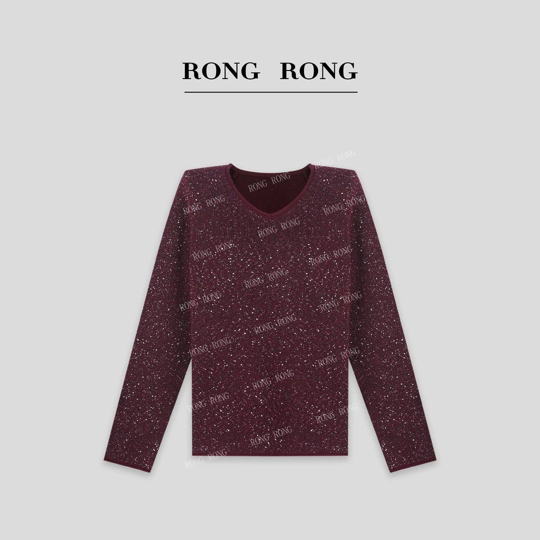 溶溶【璀璨星河】RONGRONG 绵羊毛兔毛亮片纱混纺V领保暖毛衣 6753