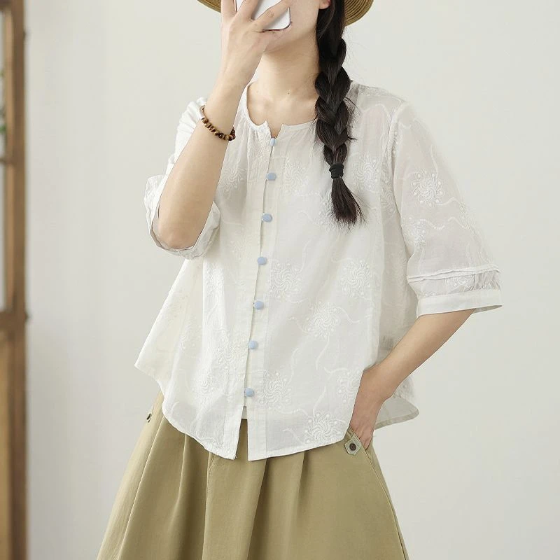 季念100%棉2025夏季时尚刺绣宽松显瘦上衣女百搭大码文艺休闲小衫